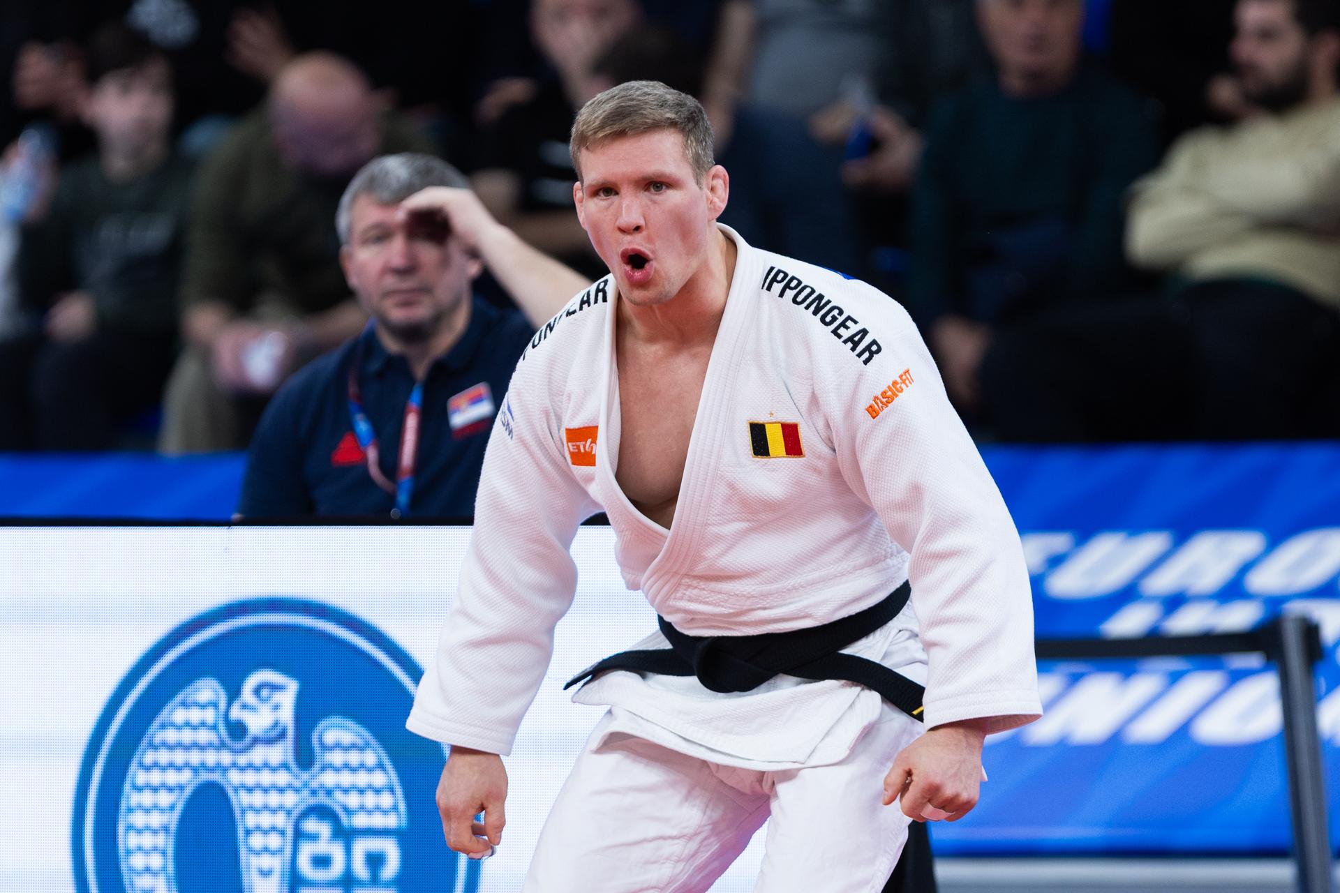 Belgian Matthias Casse (white gi) competes against Bulgarian Valkov (not pictured) in the second round of the men -81kg category, at the European Championships judo in Tbilisi, Georgia, on Saturday 18 April 2026. BELGA PHOTO NIKOLA KRISTC