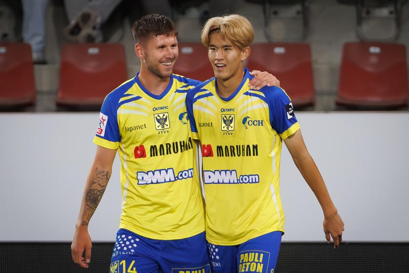 STVV's Keisuke Goto celebrates after scoring during a soccer match between SV Zulte Waregem and Sint-Truidense VV, Saturday 23 August 2025 in Waregem, on day 5 of the 2025-2026 'Jupiler Pro League' first division of the Belgian championship. BELGA PHOTO KURT DESPLENTER