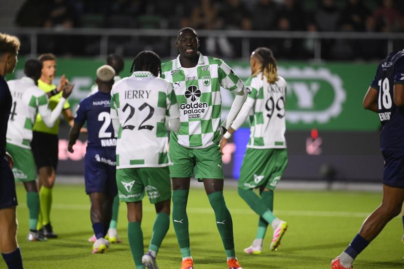 RAAL's Pape Fall and reacts during a soccer match between RAAL La Louviere and Zulte Waregem, Saturday 04 October 2025 in La Louviere, on day 10 of the 2025-2026 'Jupiler Pro League' first division of the Belgian championship. BELGA PHOTO JOHN THYS