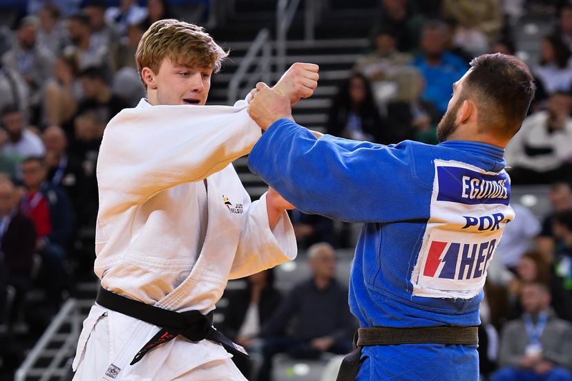 Belgian Jarne Duyck (White) and Portuguese Anri Egutidze (blue) pictured in action during a fight in the men's -81kg pool C at the European Championships judo in Zagreb, Croatia on Friday 26 April 2024. The tournament is taking place from 25 tot 27 April.  BELGA PHOTO NIKOLA KRISTC