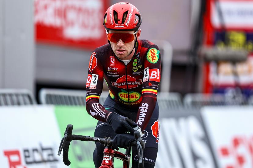 Belgian Eli Iserbyt crosses the finish line at the men's elite race of the cyclocross cycling event, race 7/7 in the 'Exact Cross' competition, Saturday 15 February 2025 in Sint-Niklaas. BELGA PHOTO DAVID PINTENS