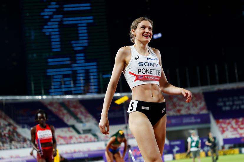 Belgian Helena Ponette reacts after the women's 4x400m relay race, at the world relay championships, on Saturday 10 May 2025 in Guangzhou, China. The world relay championships in Guangzhou take place from 10 to 11 May. BELGA PHOTO NIKOLA KRSTIC