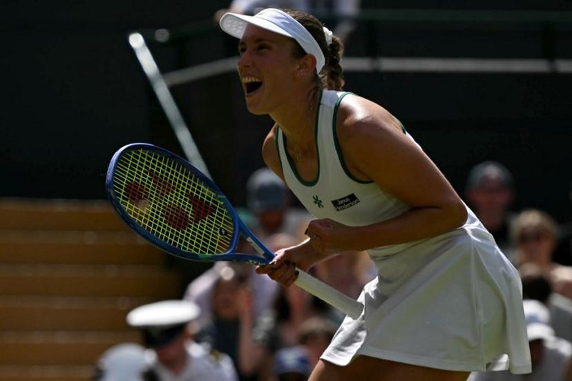 Belgium's Elise Mertens celebrates winning against Kazakhstan's Elena Rybakina during their women's singles third round tennis match on the sixth day of the 2026 Wimbledon Championships at The All England Lawn Tennis and Croquet Club in Wimbledon, southwest London, on July 4, 2026.  Glyn KIRK / AFP