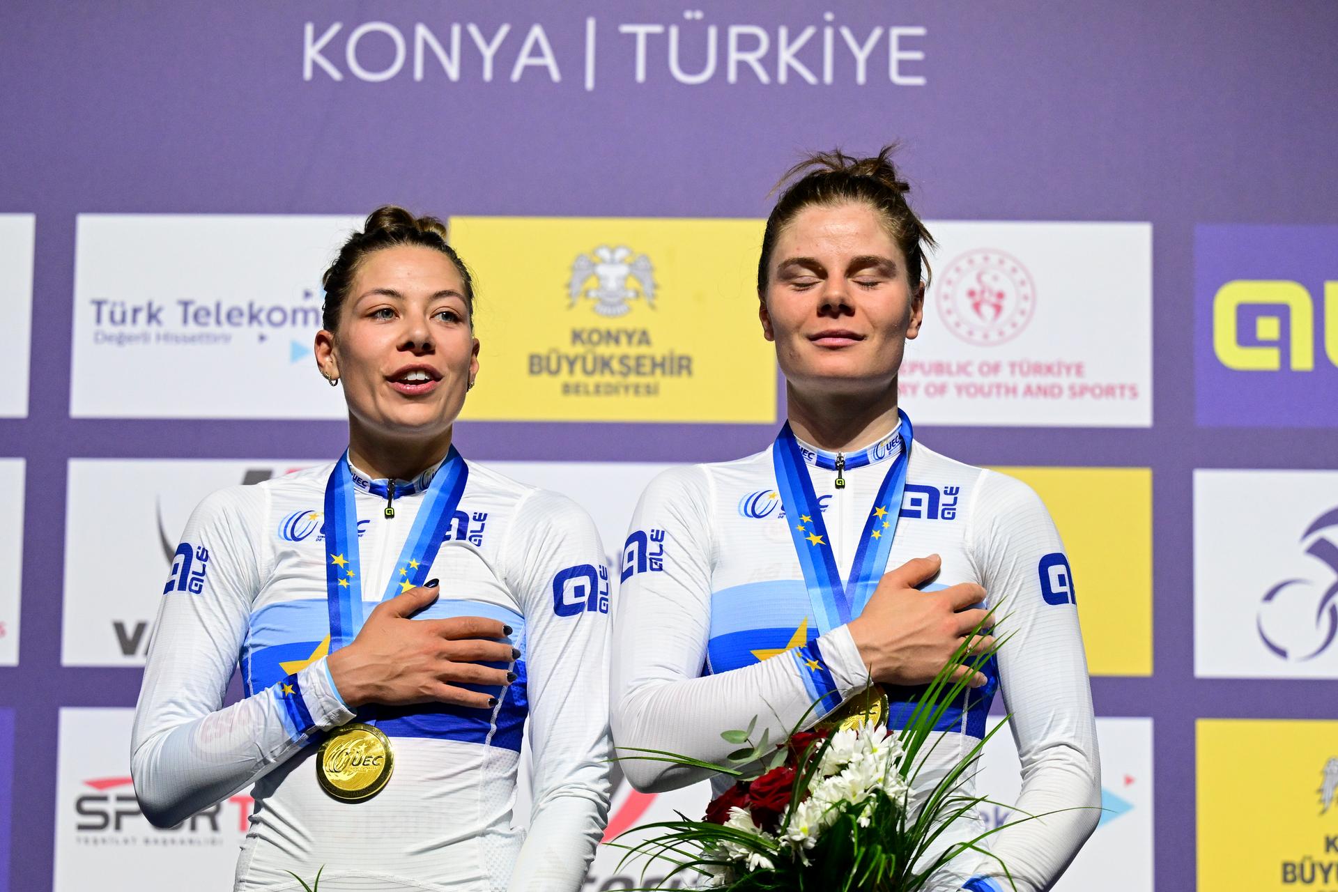 Belgian Shari Bossuyt and Belgian Lotte Kopecky celebrate on the podium after winning the women's Madison final at the fifth and last day of the 2026 UEC Track Elite European Championships, in Konya, Turkey, Thursday 05 February 2026. The European Championships take place from 01 to 05 February 2026. BELGA PHOTO DIRK WAEM