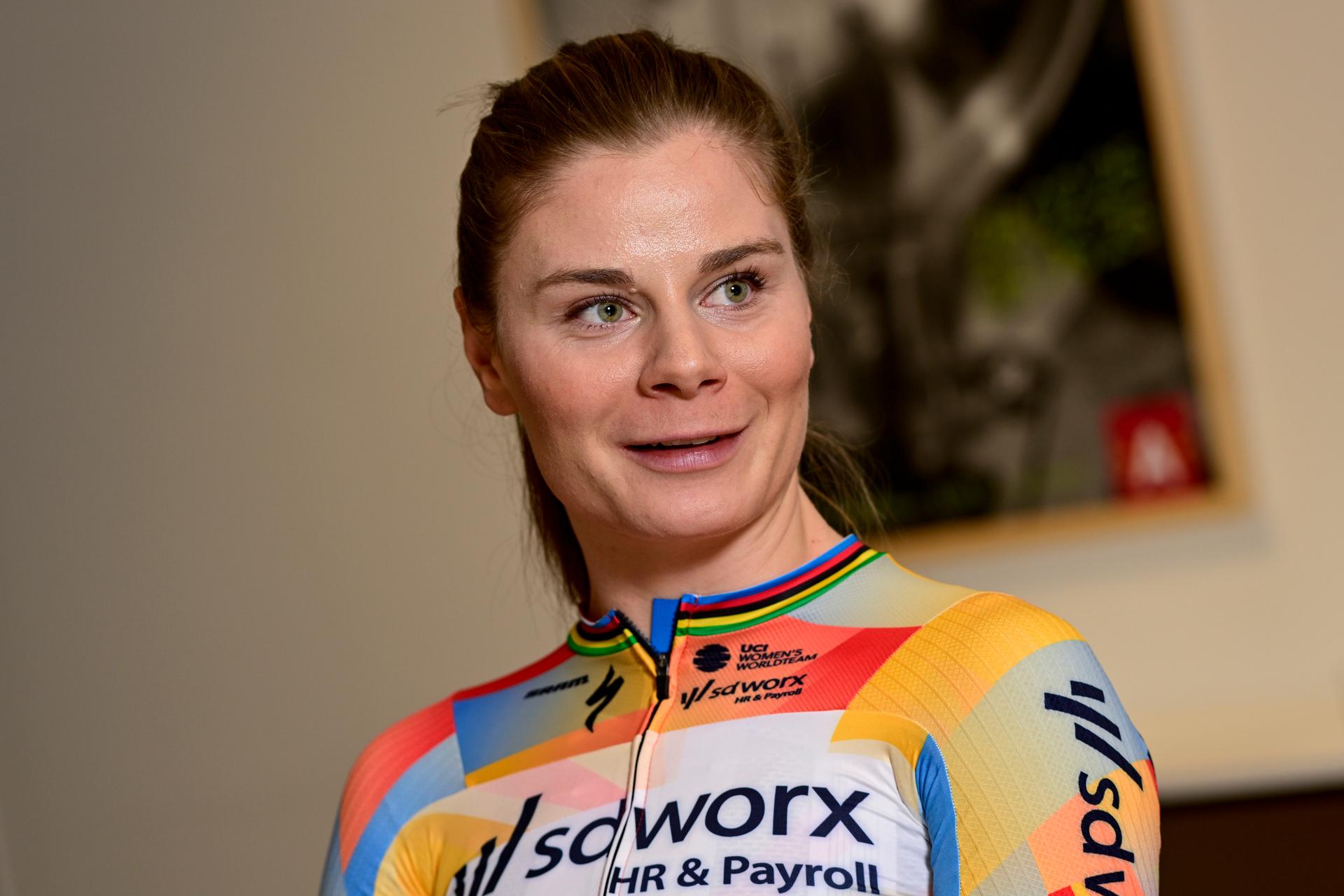 Belgian Lotte Kopecky pictured during the team presentation of the Team SD Worx-Protime cycling team, at the photography museum (FOMU), in Antwerp, Thursday 08 January 2026. BELGA PHOTO DIRK WAEM