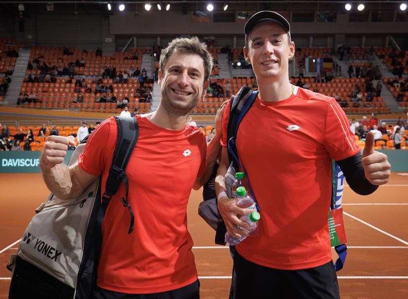 Belgians Sander Gille and Joran Vliegen celebrate after winning a doubles tennis match between Bulgarian Donski/Nesterov and Belgian Gille/Vliegen, match 3 of the qualifier of the Davis Cup on Sunday 08 February 2026, in Plovdiv, Bulgaria. Belgium will compete this weekend in the Davis Cup qualifiers against Bulgaria. BELGA PHOTO BENOIT DOPPAGNE