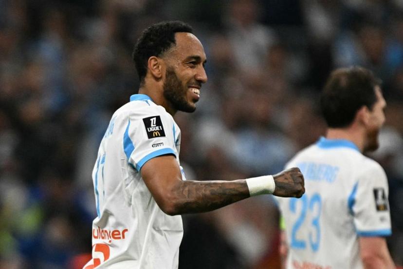 Marseille's Gabonese forward #17 Pierre-Emerick Aubameyang celebrates scoring his team's third goal during the French L1 football match between Olympique de Marseille (OM) and Stade Rennais FC at the Stade Velodrome in Marseille, southern France, on May 17, 2026.  Gabriel BOUYS / AFP