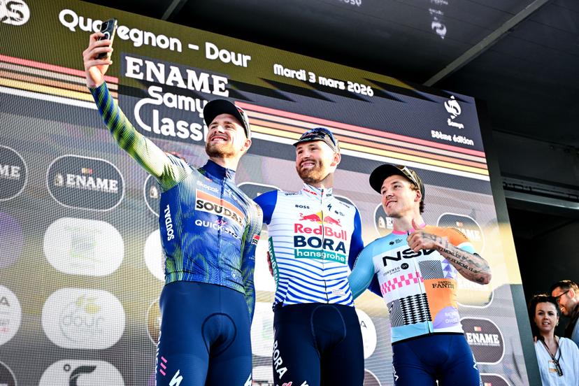 Belgian Laurenz Rex of Soudal Quick-Step, Belgian Jordi Meeus of Red Bull-BORA-hansgrohe and French Hugo Hofstetter of NSN Cycling Team pictured on the podium after the 'Ename Samyn Classic' one day cycling race, 203,8km from Quaregnon to Dour on Tuesday 03 March 2026. BELGA PHOTO MAARTEN STRAETEMANS