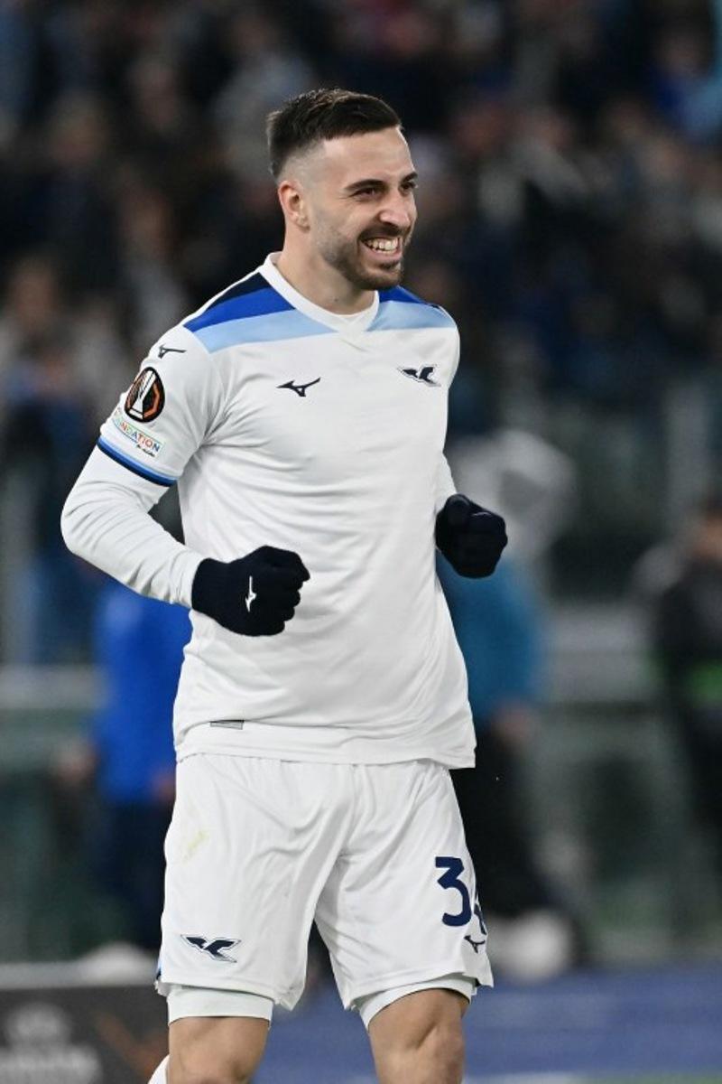 Lazio's Spanish defender #34 Mario Gila Fuentes celebrates after scoring his team's first goal during the UEFA Europa League football match between Lazio and Real Sociedad at the Olympic Stadium in Rome on January 23, 2025.  Filippo MONTEFORTE / AFP