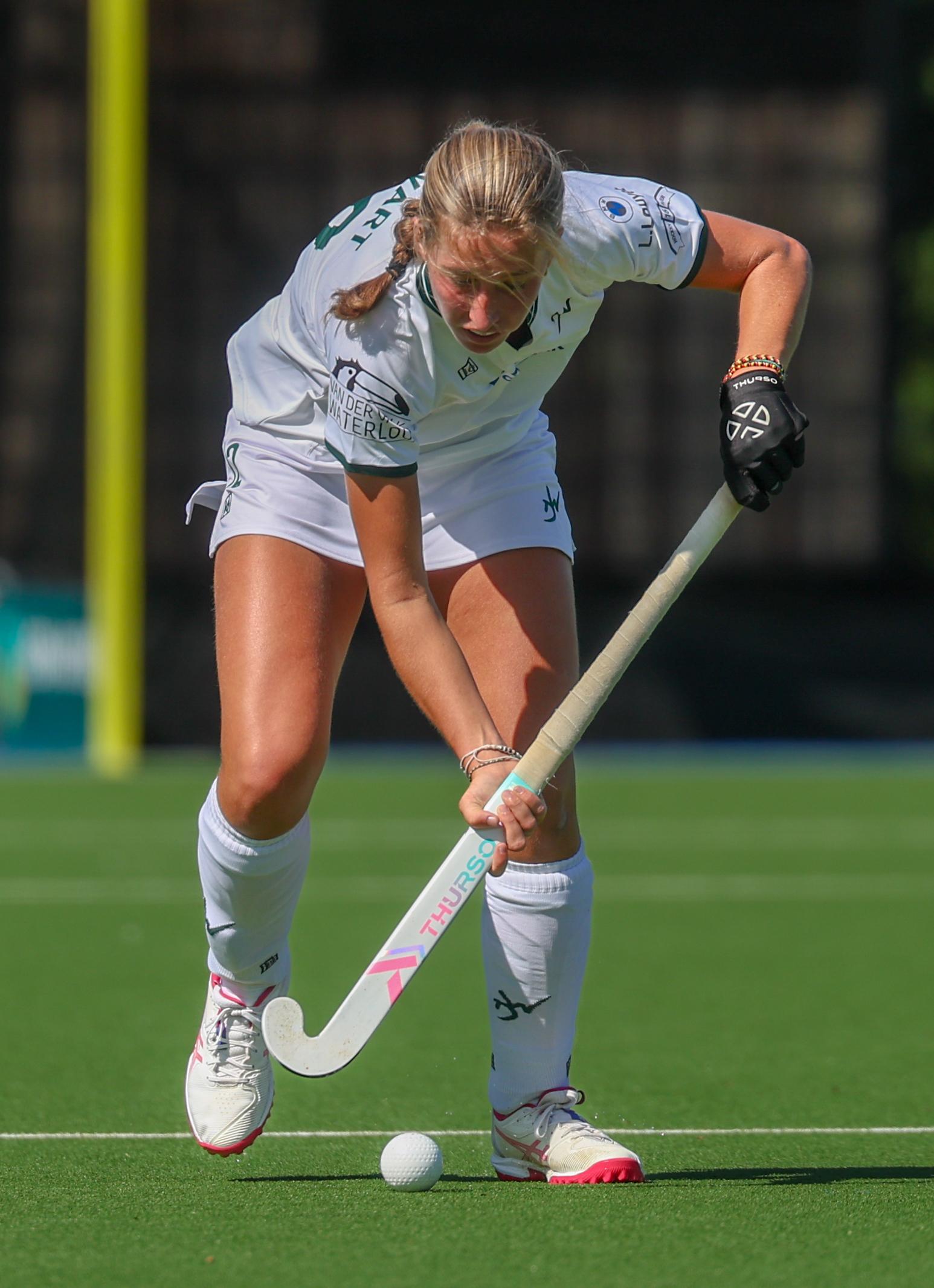 Watduck's Agathe Favart pictured in action during a hockey game between Braxgata and Waterloo Ducks, Saturday 06 September 2025 in Boom, on day 1 of the Belgian Women Hockey League season 2025-2026. BELGA PHOTO VIRGINIE LEFOUR