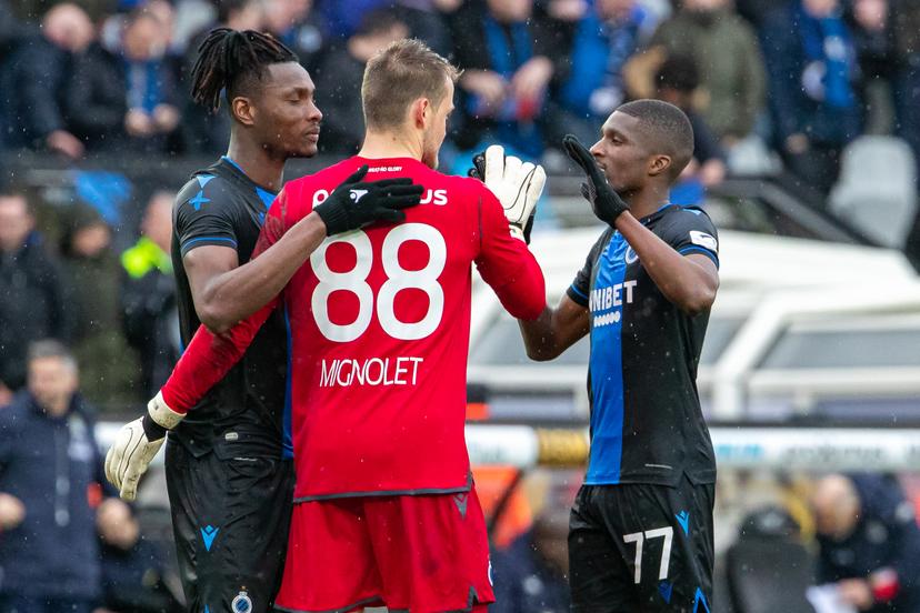 Club's Simon Deli, Club's goalkeeper Simon Mignolet and Club's Clinton Mata celebrate after winning a soccer match between Club Brugge KV and Sporting Charleroi, Sunday 23 February 2020 in Brugge, on day 27 of the 'Jupiler Pro League' Belgian soccer championship season 2019-2020. BELGA PHOTO KURT DESPLENTER