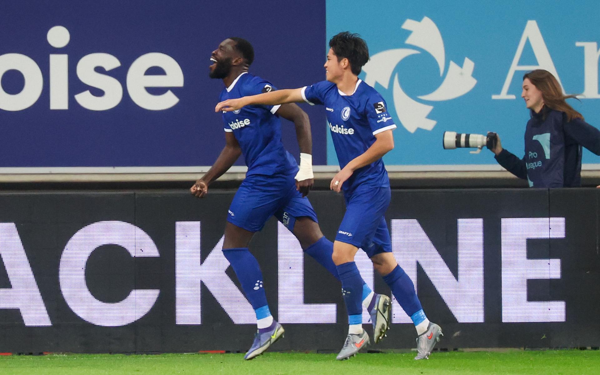 Gent's Wilfried Kanga celebrates after scoring during a soccer match between KAA Gent and FCV Dender EH, Friday 19 September 2025 in Gent, on day 8 of the 2025-2026 'Jupiler Pro League' first division of the Belgian championship. BELGA PHOTO VIRGINIE LEFOUR