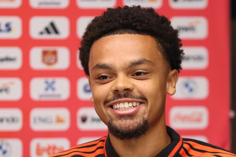 Belgian Lucas Noubi pictured during a press conference of the Red Devils U21 youth team, the Belgian youth national soccer team, at the national training center in Tubize, Wednesday 23 September 2026. The team is preparing for fixtures in the Euro 2027 qualifiers games. BELGA PHOTO BRUNO FAHY