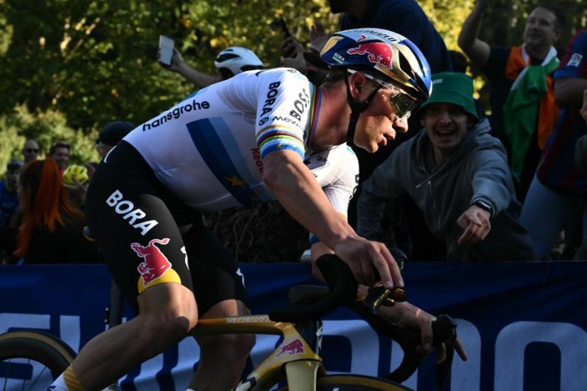 Red Bull-Bora-Hansgrohe's Belgian rider Remco Evenepoel competes in the 120th edition of the Giro di Lombardia (Tour of Lombardy) between Bergamo and Como on October 10, 2026.  Marco BERTORELLO / AFP