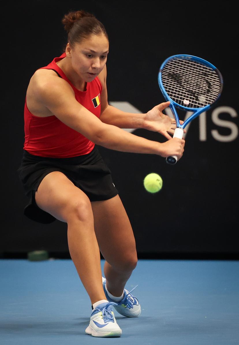 Belgian Sofia Costoulas pictured in action during a tennis match between Belgian Costoulas and Hungarian Toth, in the meeting between Belgium and Hungary in the pool phase of the Europe/Africa Group I of the Billie Jean King Cup tennis, in Vilnius, Lithuania on Wednesday 09 April 2025. PHOTO VIRGINIE LEFOUR PHOTO VIRGINIE LEFOUR