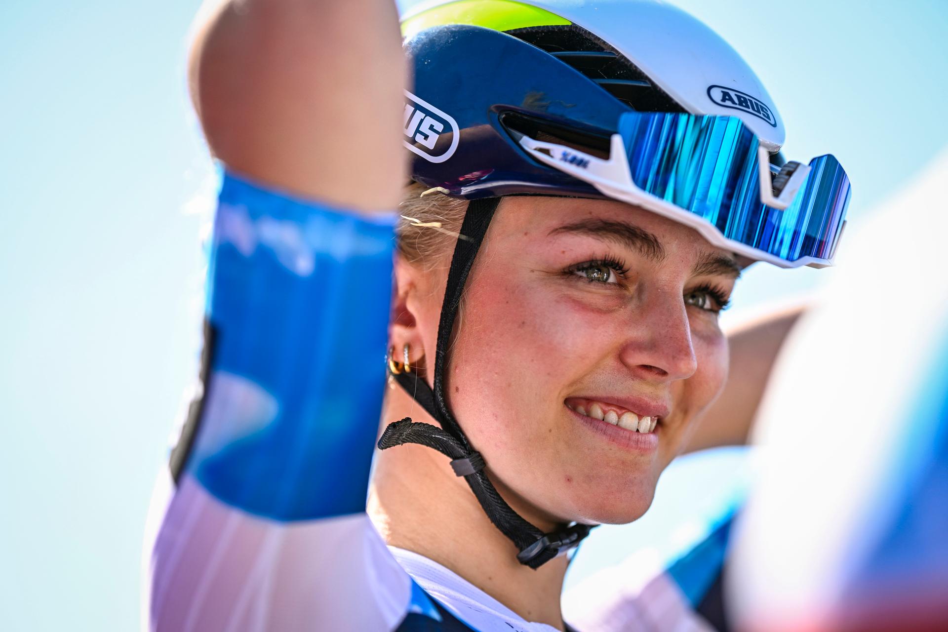 British Cat Ferguson of Movistar Team pictured before pictured at the start of the women's race of the 'Paris-Roubaix' one day cycling race, 148,5 km from Denain to Roubaix, France, on Saturday 12 April 2025. BELGA PHOTO JASPER JACOBS