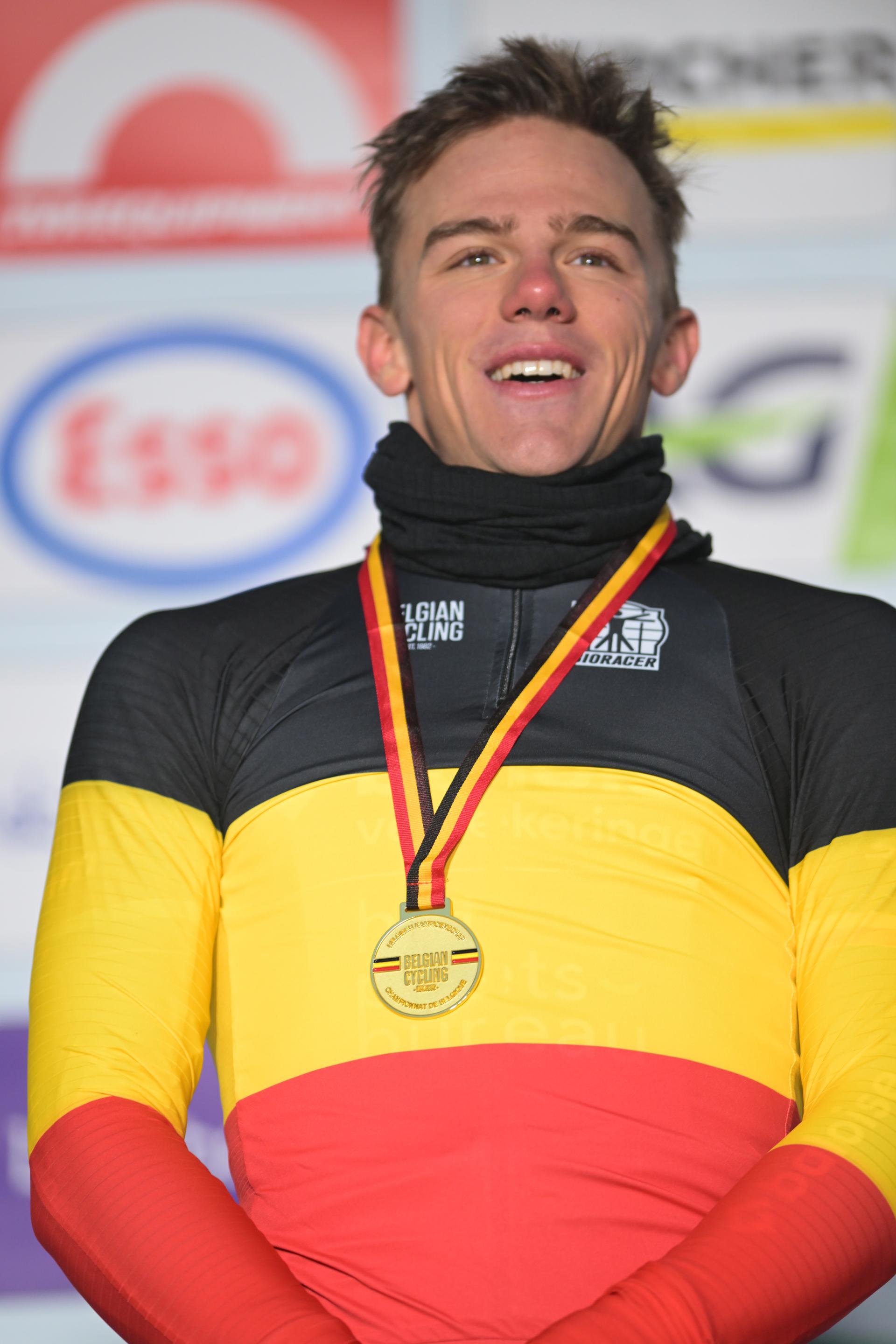 Belgian Thibau Nys celebrates on the podium after winning the Elite men race at the Belgian Cyclocross Championships in Beringen on Sunday 11 January 2026. BELGA PHOTO DAVID PINTENS