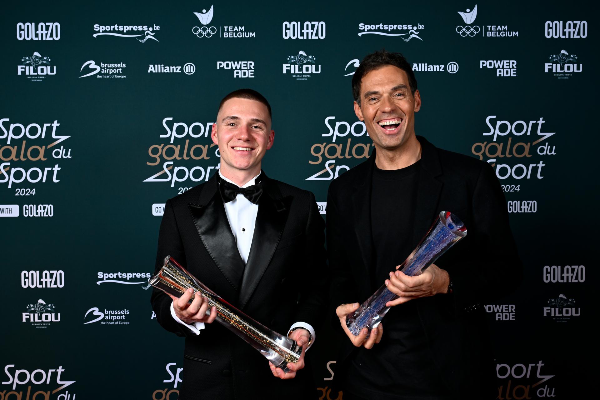 Belgian Remco Evenepoel and Belgian Sven Vanthourenhout pictured during the 'Sportgala' award show, to announce the sport women and men of the year 2024, Sunday 12 January 2025 in Zaventem. BELGA PHOTO DIRK WAEM