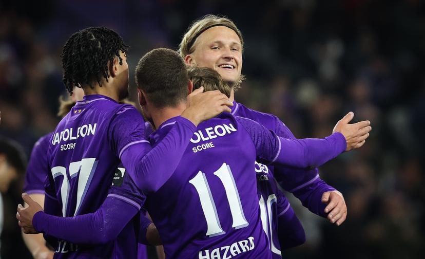 Anderlecht's Kasper Dolberg Rasmussen celebrates after scoring during a soccer match between RSC Anderlecht and KAA Gent, Wednesday 23 April 2025 in Brussels, on day 5 (out of 10) of the Champions' Play-offs of the 2024-2025 'Jupiler Pro League' first division of the Belgian championship. BELGA PHOTO VIRGINIE LEFOUR