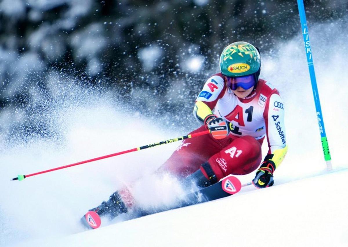 Austria's Julia Scheib competes during the women's giant slalom event of the FIS Alpine Ski World Cup in Semmering, Austria on December 27, 2025.  GEORG HOCHMUTH / APA / AFP