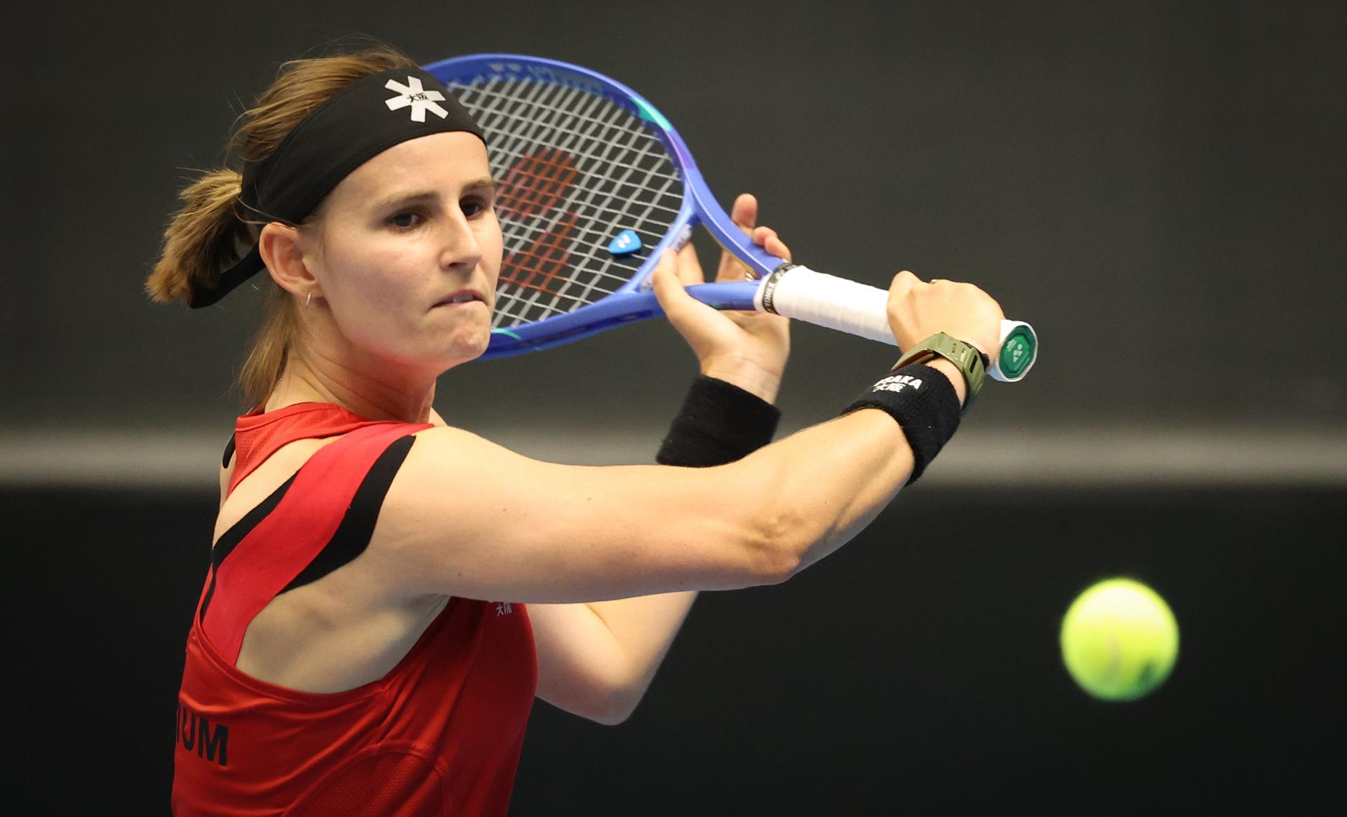 Belgian Greet Minnen pictured in action during a tennis match between Belgian Minnen and French Gracheva, on Friday 11 April 2025, the second game in the Promotion Play-offs between Belgium and France in the Europe/Africa Group I of the Billie Jean King Cup tennis, in Vilnius, Lithuania. PHOTO VIRGINIE LEFOUR