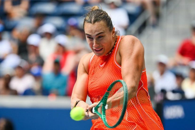 Belarus's Aryna Sabalenka hits a return to Uzbekistan's Kamilla Rakhimova during their women's singles third round tennis match on day six of the US Open tennis tournament at the USTA Billie Jean King National Tennis Center in New York City on September 4, 2026.  ANGELA WEISS / AFP