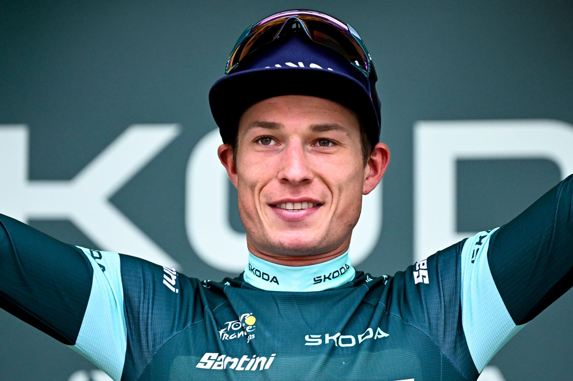 Belgian Jasper Philipsen of Alpecin-Deceuninck celebrates in the green jersey of leader in the points ranking after the second stage of the 2025 Tour de France cycling race, from Lauwin-Planque to Boulogne-sur-Mer (212 km), on Sunday 06 July 2025 in France. The 112th edition of the Tour de France starts on Saturday 5 July in Lille, and will finish in Paris on the 27th of July. BELGA PHOTO JASPER JACOBS