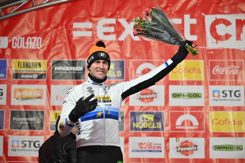 Belgian Toon Aerts pictured on the podium after the men's elite race of the Zilvermeercross cyclocross cycling event in Mol, stage 5/7 in the Exact Cross competition, on Friday 02 January 2026. BELGA PHOTO LUC CLAESSEN