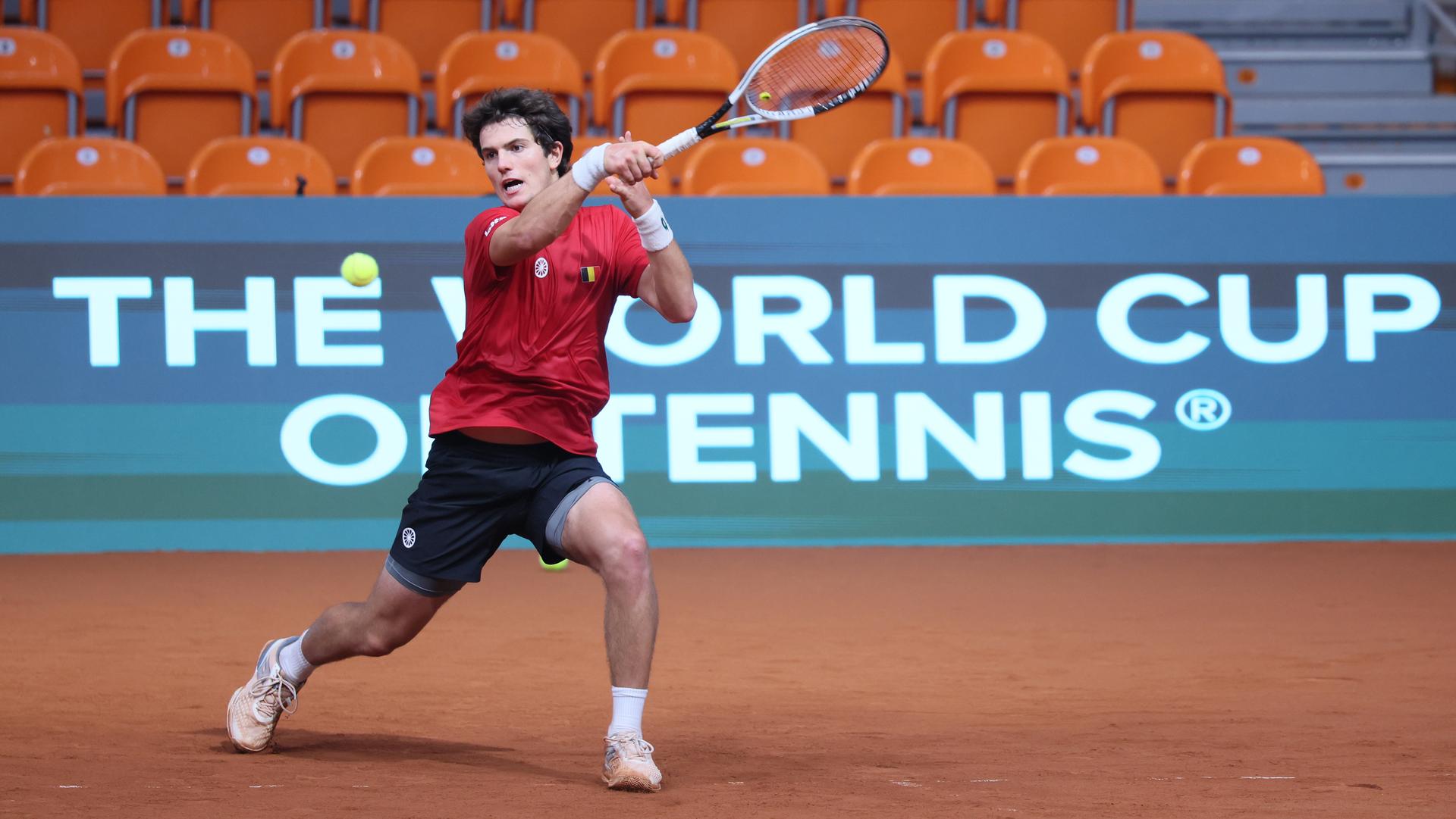 Belgian Gilles-Arnaud Bailly pictured in action duringa a training session of the Belgian team, Friday 06 February 2026, in Plovdiv, Bulgaria. Belgium will compete this weekend in the Davis Cup qualifiers against Bulgaria. BELGA PHOTO BENOIT DOPPAGNE