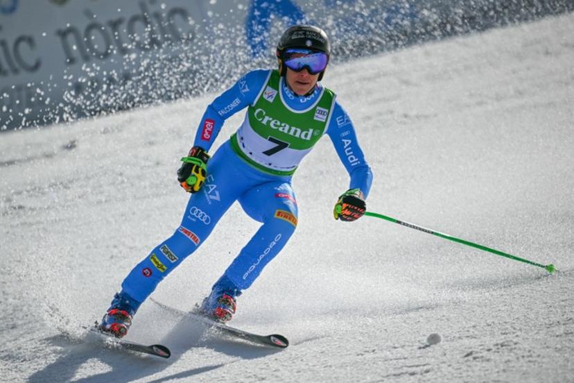 Italy's Federica Brignone reacts after crossing the finish line of the women's super G race, part of the FIS Alpine Ski World Cup 2025-2026 in Soldeu on March 1, 2026.  Lionel BONAVENTURE / AFP
