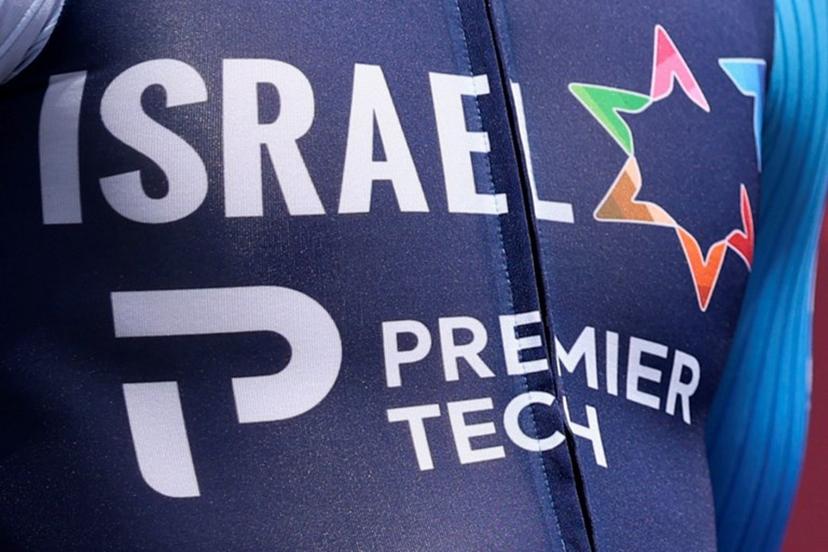 (FILES) This photograph shows a logo of Israel-Premier Tech's on a jersey during the 108th Giro d'Italia cycling race 151kms from Ceglie Messapica to Matera on May 14, 2025. Canadian group Premier Tech announced on November 7, 2025 they are withdrawing with immediate effect from the Israel Premier-Tech cycling team, stating it was "unsustainable" to sponsor the team heavily contested by pro-Palestinian activists. Luca Bettini / AFP