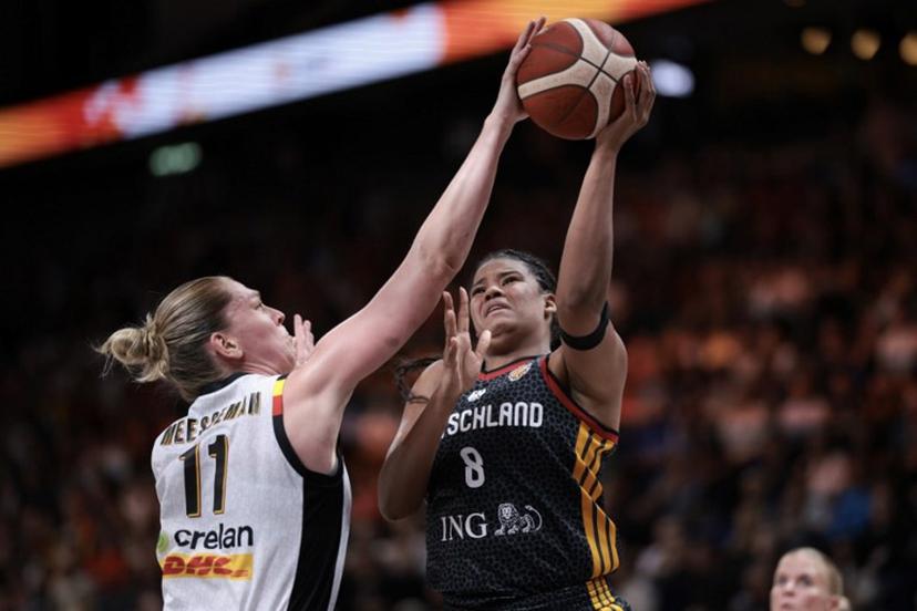 Belgium's power forward #11 Emma Meesseman blocks Germany's power forward #08 Nyara Sabally during the FIBA Women's Basketball World Cup quarter-final match between Belgium and Germany at the Berlin Arena in Berlin on September 10, 2026.  Ronny HARTMANN / AFP
