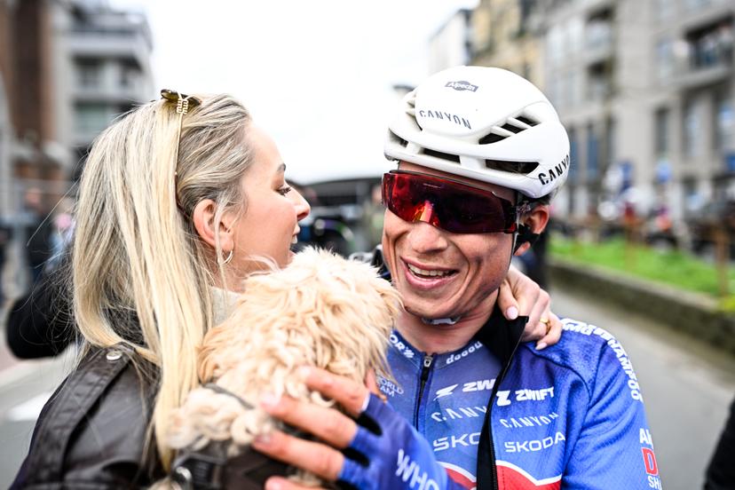 Belgian Jasper Philipsen and his partner Melanie Peetermans celebrate after winning the men elite 'Middelkerke-Wevelgem - In Flanders Fields' one day cycling race, 240.8 km from Middelkerke to Wevelgem, on Sunday 29 March 2026. BELGA PHOTO JASPER JACOBS