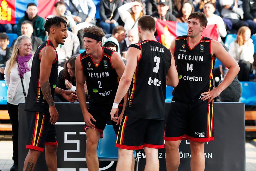 Belgian Bryan De Valck, Belgian Dennis Donkor, Belgian Jonas Foerts and Belgian Thibaut Vervoort react during a game between Belgium and Mongolia in the group D, at the Olympic qualification tournament for the 2024 Olympics, in Debrecen, Hungary, Friday 17 May 2024. BELGA PHOTO NIKOLA KRSTIC