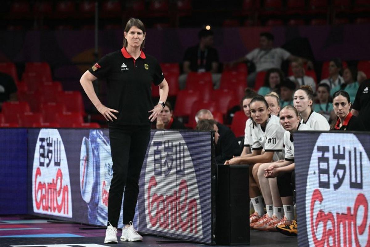 Germany's Canadian head coach Lisa Thomaidis looks on during the FIBA Women's EuroBasket 2025 quarter-final match between Belgium and Germany at the Peace and Friendship Stadium in Piraeus near Athens on June 25, 2025.  Angelos Tzortzinis / AFP