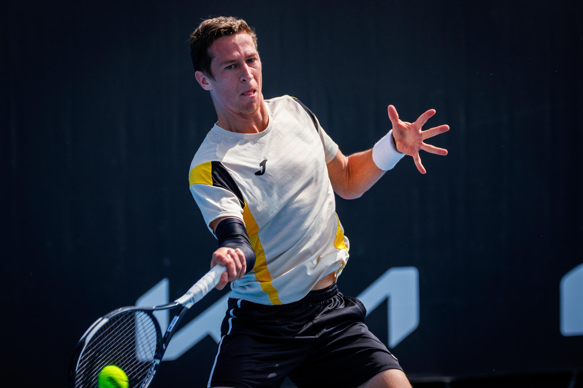 Belgium's Kimmer Coppejans pictured in action during a third round qualifying match in the men's singles against USA's Svajda at the Australian Open, Melbourne Park, Melbourne on Thursday 15 January 2026.  BELGA PHOTO PATRICK HAMILTON  --- BENELUX ONLY   ---