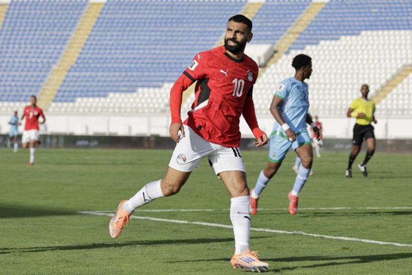 Egypt's forward #10 Mohamed Salah reacts after loosing the ball during the FIFA World Cup 2026 Africa qualifier football match between Djibouti and Egypt at the Larbi Zaouli Stadium in Casablanca on October 8, 2025.  Abdel Majid BZIOUAT / AFP