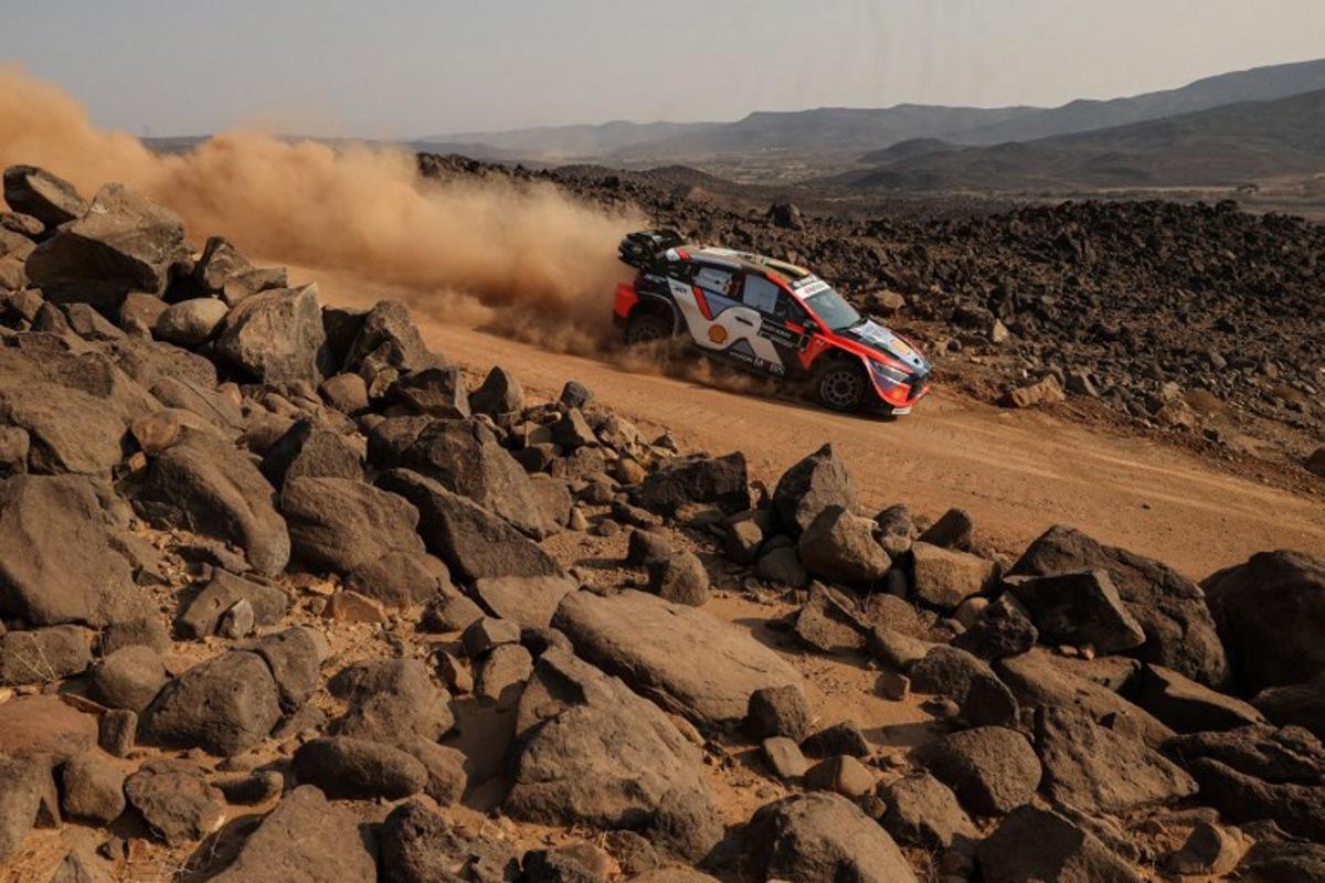 Hyundai Shell Mobis World Rally Team's Belgian driver Thierry Neuville and Belgian co-driver Martijn Wydaeghe steer their Hyundai i20 N Rally1 during the third stage of FIA World Rally Championship (WRC) in Jeddah on November 28, 2025.  Fayez Nureldine / AFP