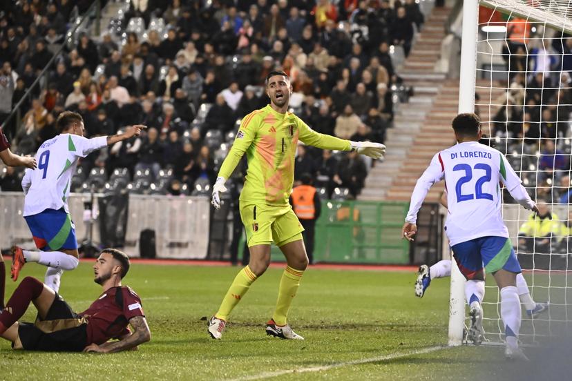 Belgium's goalkeeper Koen Casteels (C) looks dejected after Italy scored during a soccer game between Belgian national soccer team Red Devils and Italy, match 5 (out of 6) in the League A Group 2 of the UEFA Nations League 2025 competition, Thursday 14 November 2024 in Brussels. BELGA PHOTO DIRK WAEM