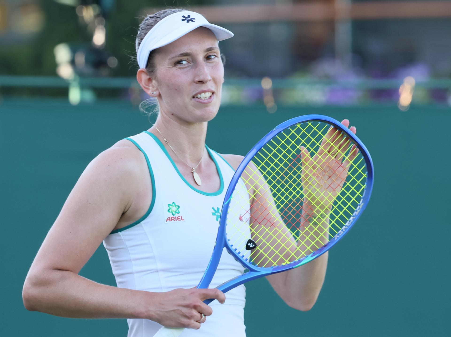 Belgian Elise Mertens reacts during a tennis match against Uzbek Timofeeva, in the second round of the ladies' singles at the Wimbledon grand slam tennis tournament in London, Britain, Thursday 02 July 2026.  BELGA PHOTO BENOIT DOPPAGNE