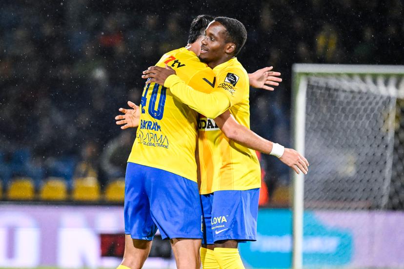 Westerlo's Adedire Mebude celebrates after scoring during a soccer match between KVC Westerlo and Oud-Heverlee Leuven, Sunday 05 October 2025 in Westerlo, on day 10 of the 2025-2026 'Jupiler Pro League' first division of the Belgian championship. BELGA PHOTO TOM GOYVAERTS