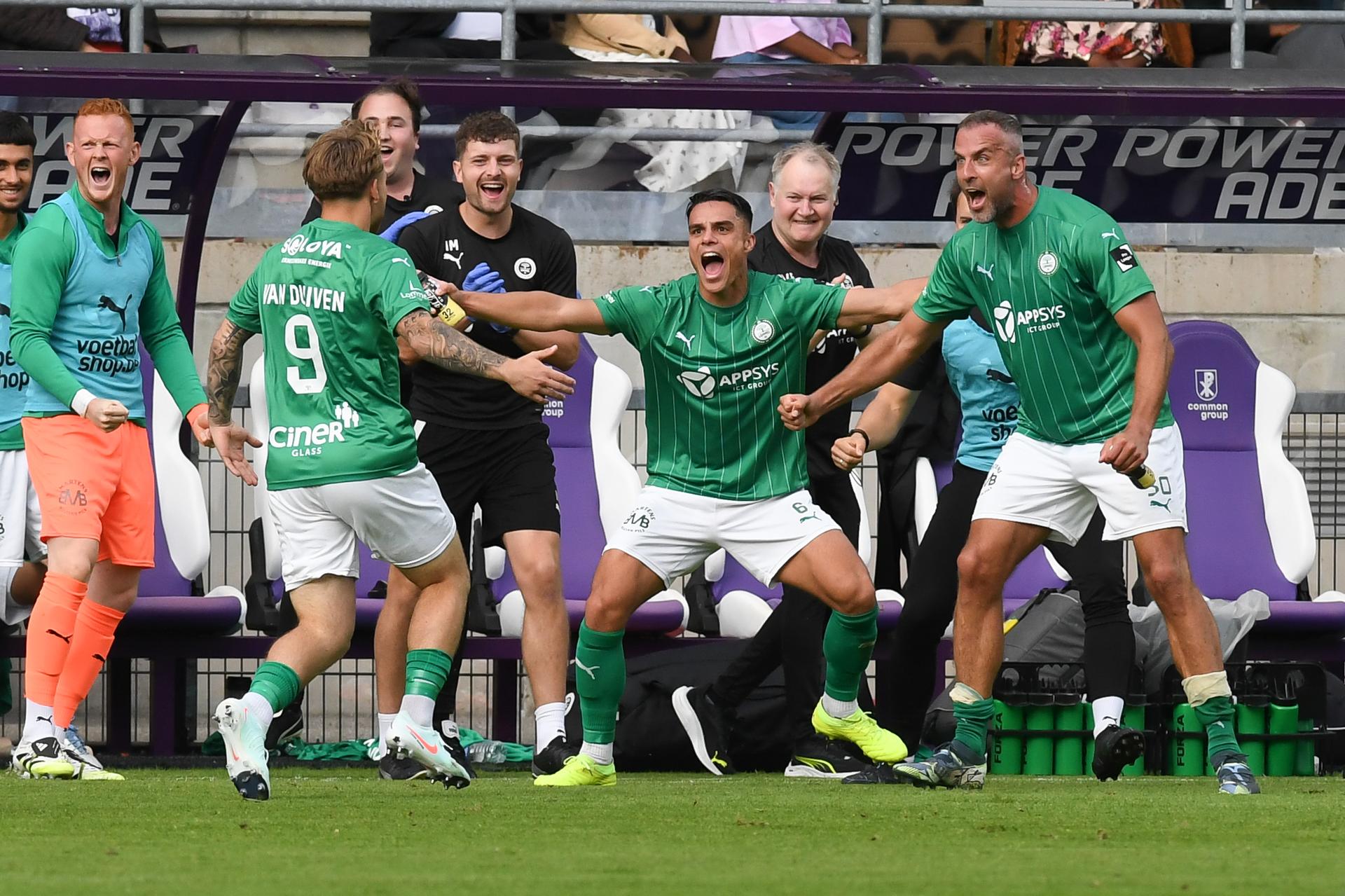 Lommel's Jason van Duiven celebrates after scoring during a soccer game between Patro Eisden Maasmaechelen and Lommel SK, Saturday 13 September 2025 in Maasmechelen, on day 5 of the 2025-2026 'Challenger Pro League' 1B second division of the Belgian championship. BELGA PHOTO JILL DELSAUX