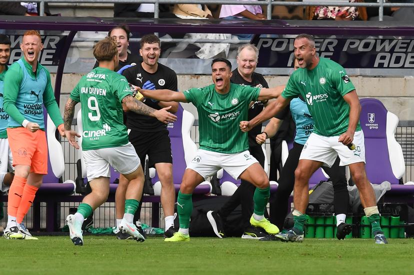 Lommel's Jason van Duiven celebrates after scoring during a soccer game between Patro Eisden Maasmaechelen and Lommel SK, Saturday 13 September 2025 in Maasmechelen, on day 5 of the 2025-2026 'Challenger Pro League' 1B second division of the Belgian championship. BELGA PHOTO JILL DELSAUX