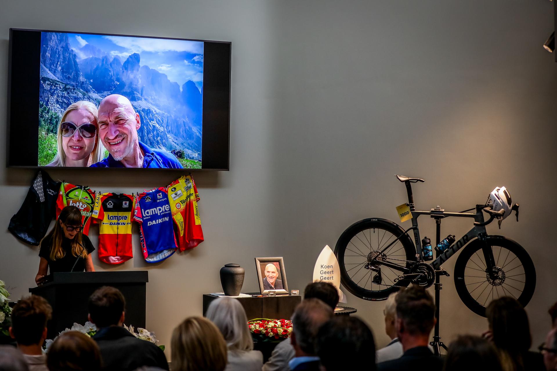 A picture taken during the funeral ceremony of former Belgian cyclist Ludo Dierckxsens (60), in Westerlo, on Saturday 07 June 2025. Dierckxsens died during the 1000km charity bike ride of 'Kom op tegen Kanker' on 29 May 2025. He was a professional cyclist between 1992 and 2005 and was best known for winning the 11th stage of the 1999 Tour de France. BELGA PHOTO POOL ANN ROGIER