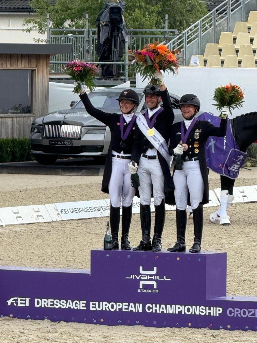 ATTENTION EDITORS - HAND OUT PICTURES - EDITORIAL USE ONLY - MANDATORY CREDIT 'WENDY LAEREMANS'  This handout picture, distributed by Wendy Laeremans, shows Justin Verboomen, who won a Gold medal with Zonik Plus in the Grand Prix Special at the European Championship in Crozet, on Friday 29 August 2025. Verboomen and Zonik won with a score of 82.371% ahead of Denmark's Cathrine Laudrup-Dufour and Isabell Werth. BELGA PHOTO WENDY LAEREMANS  *** Belga and Belga Editorial Board decline all responsibility regarding the content of this picture. ***