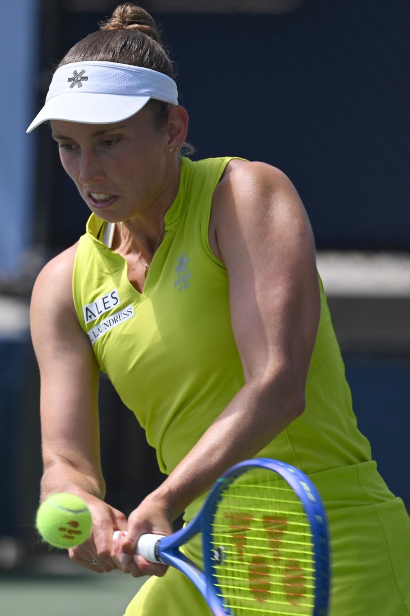 Belgian Elise Mertens pictured in action during a tennis match against US Ahn, in the first round of the women's singles of the 2025 US Open Grand Slam tennis tournament in New York City, USA, Monday 25 August 2025. BELGA PHOTO TONY BEHAR