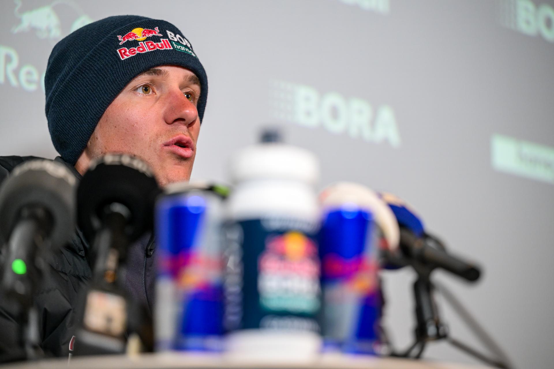 Belgian Remco Evenepoel of Red Bull-BORA-hansgrohe pictured during a press conference of the Red Bull - Bora - Hansgrohe cycling team ahead of the Ronde van Vlaanderen / Tour des Flandres / Tour of Flanders cycling race, Friday 03 April 2026 in Ledegem. The 110th edition of the cycling race will take place on Sunday 5th April. BELGA PHOTO DAVID PINTENS