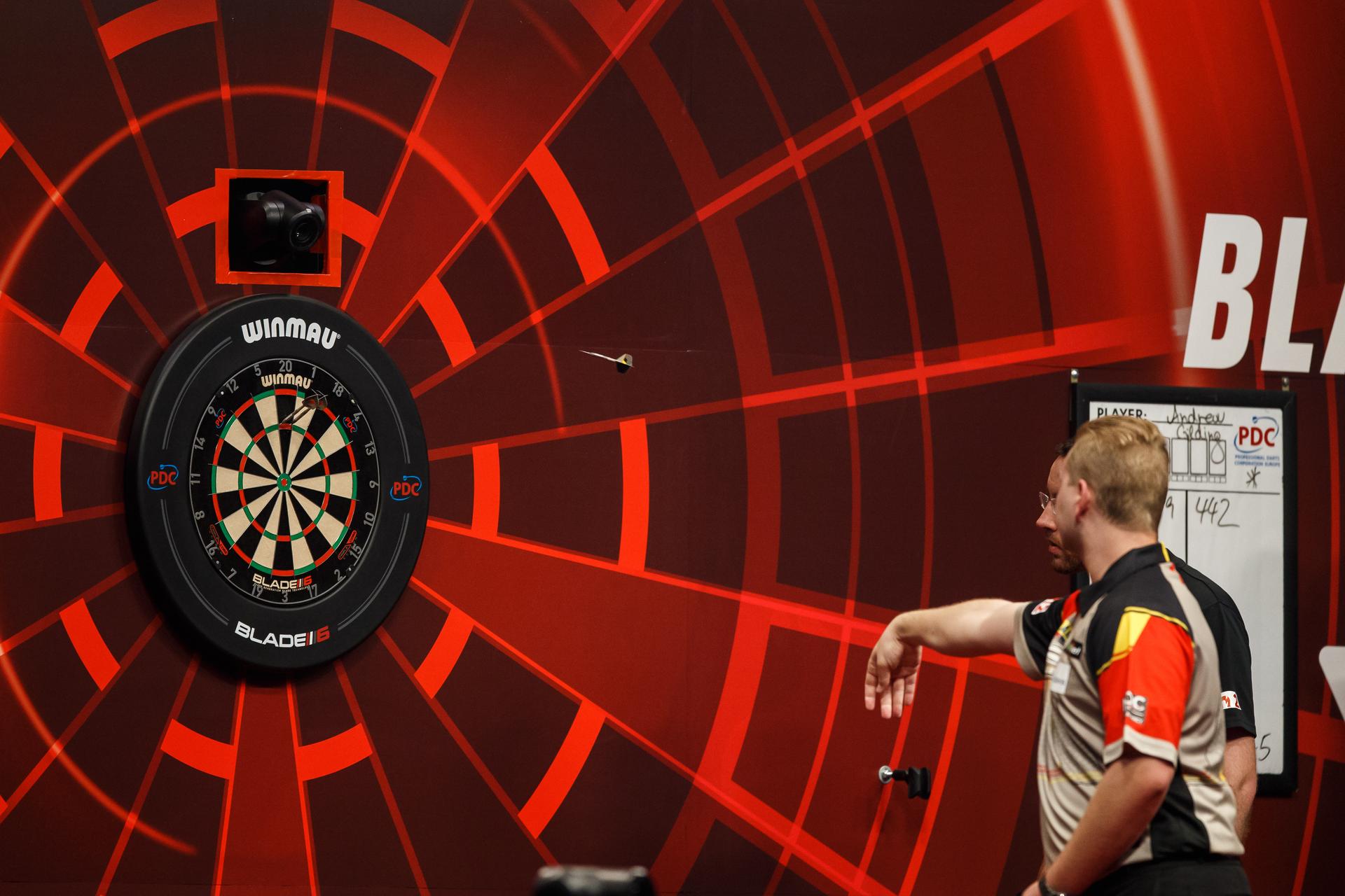 Belgian Dimitri Van den Bergh pictured in action during the second day of the Belgian Darts Open, a tournament in the European Tour that takes places from September 23 until September 25 in Wieze, Saturday 24 September 2022. BELGA PHOTO JEF MATTHEE