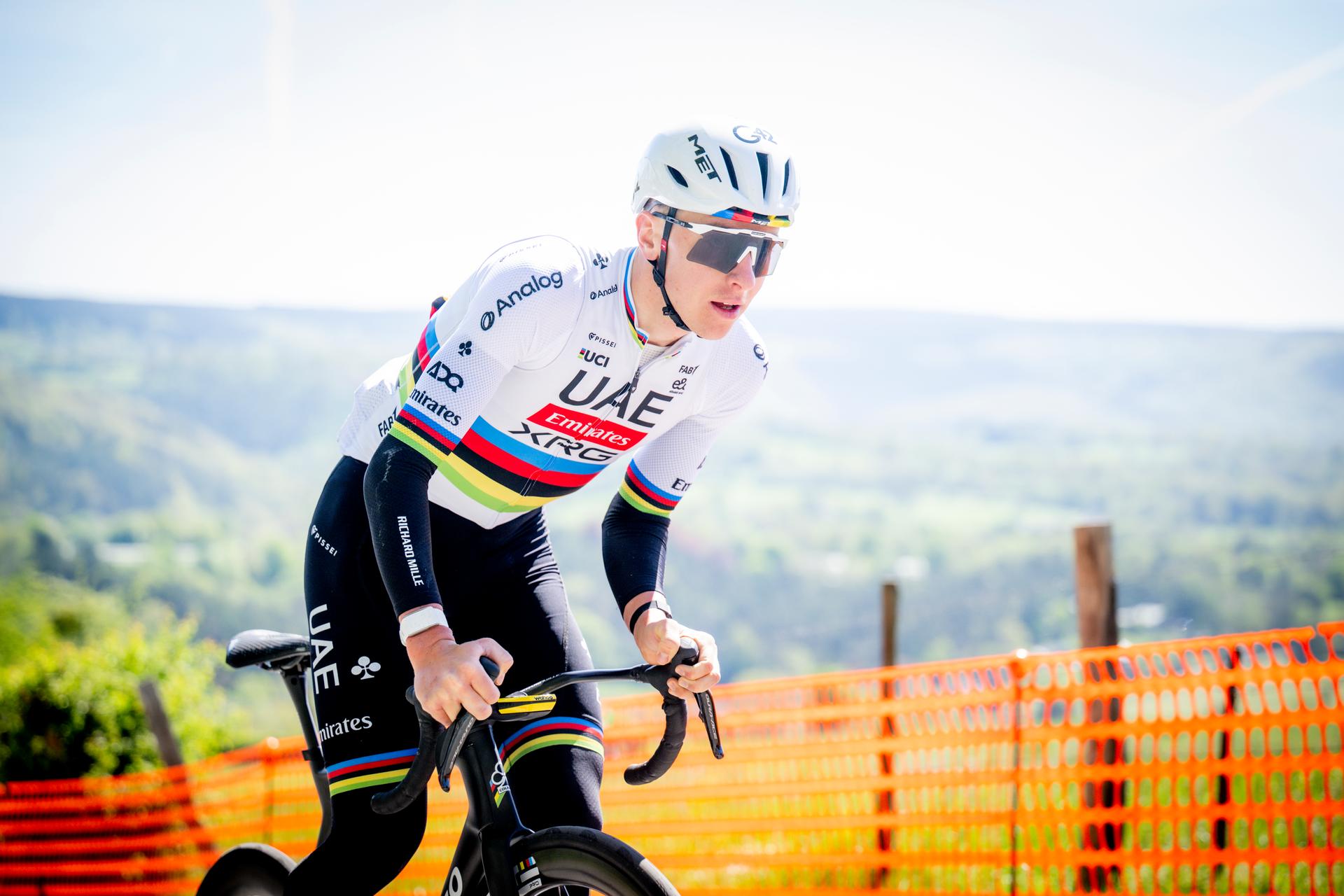 Slovenian Tadej Pogacar of UAE Team Emirates-XRG pictured in action during a training and track reconnaissance session, ahead of the Liege-Bastogne-Liege one day cycling race, Friday 24 April 2026. BELGA PHOTO JASPER JACOBS