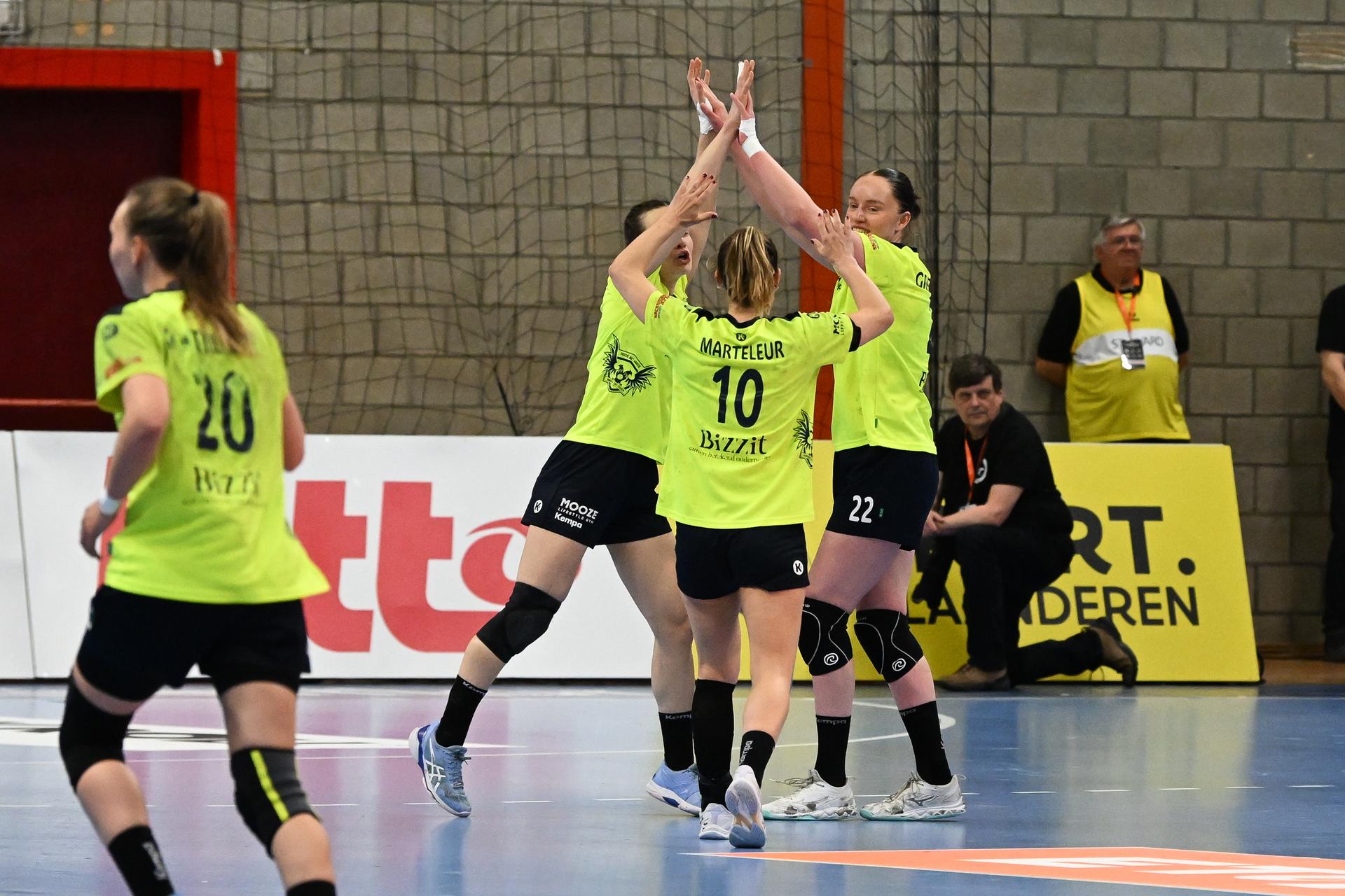 HB Sint-Truiden's Gretarsdottir celebrates after scoring during a handball game between KTSV Eupen and HB Sint-Truiden, Saturday 04 April 2026, in Hasselt, the women's final of the Belgian handball cup. BELGA PHOTO JILL DELSAUX